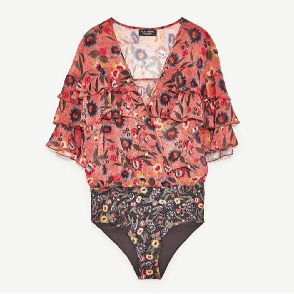 Zara Boho Ruffled Bodysuit Sheer Flowy Chiffon Wrap Deep Vneck Tiered